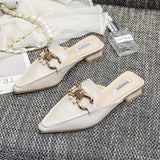 Finn Chain Pointed Toe Mule Beige Square Toe Muller Shoes Closed Toe Half Slippers Women's Shoes Thick Heel Outer Mary Jane Sandals