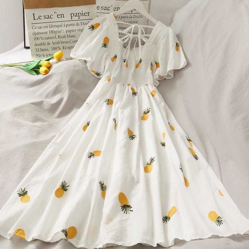 Strawberry Cottagecore Dress High Waist Pineapple Print Large Swing Dress