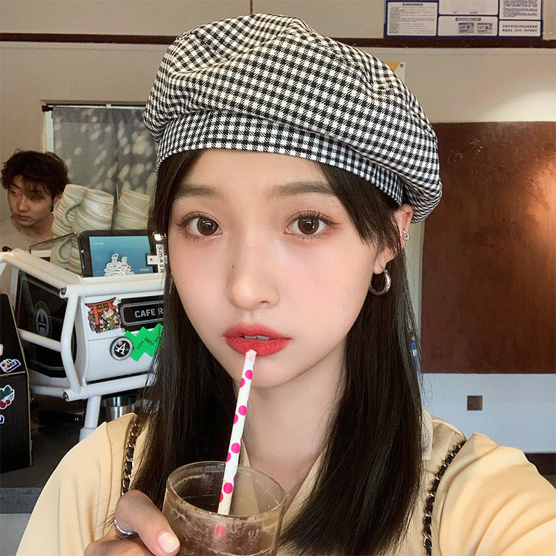 Check Beret Hat Female Summer Retro Plaid