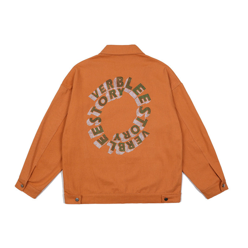 Orange Varsity Jacket Letter Printed Denim Jacket Men's Loose Street Lapel Overalls