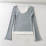 Women Fall Fall Five-Color Fake Two-Piece off-Shoulder Sweater Slim Pullover Top