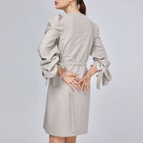Women Spring Dress Spring and Autumn Long Sleeve Loose Dress Lantern Sleeve Tied Belt Dress for Women
