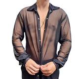 Rave Outfits Men Shirt Spring Leisure Sheer Top Slim Fit Fashion Long Sleeve Sexy