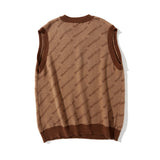 Men Sweater Vest Letter Jacquard Color Matching Sweater Vest Men's BF Idle Style Loose V-neck Sleeveless Sweater Pullover