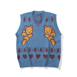 Men Sweater Vest Cartoon Embroidered Knitwear Vest Loose V-neck Sleeveless Sweater BF Idle Style Vest