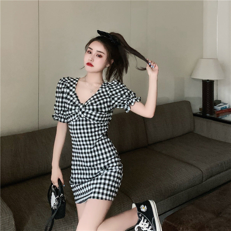 Gingham Dress Plaid Dress Summer Puff Sleeve Tea Break Short Skirt