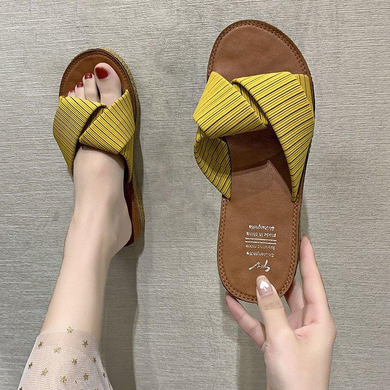 Women Open Toe Sandals Flats Summer Slippers Fashion Outerwear Cross Striped Sandals