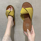 Women Open Toe Sandals Flats Summer Slippers Fashion Outerwear Cross Striped Sandals