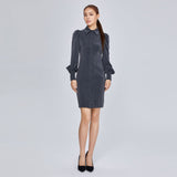Women Spring Dress Lantern Sleeve Waist Trimming Shirt Dress