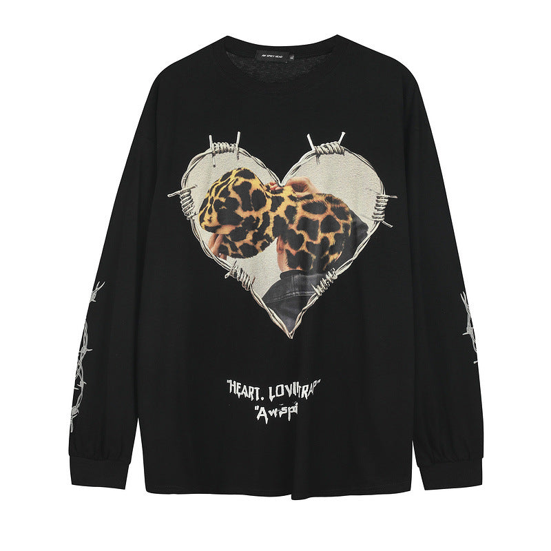 Mens Fall Outfits High Street Personality Portrait Printing Casual Long Sleeve T-shirt Loose Couple Base Top