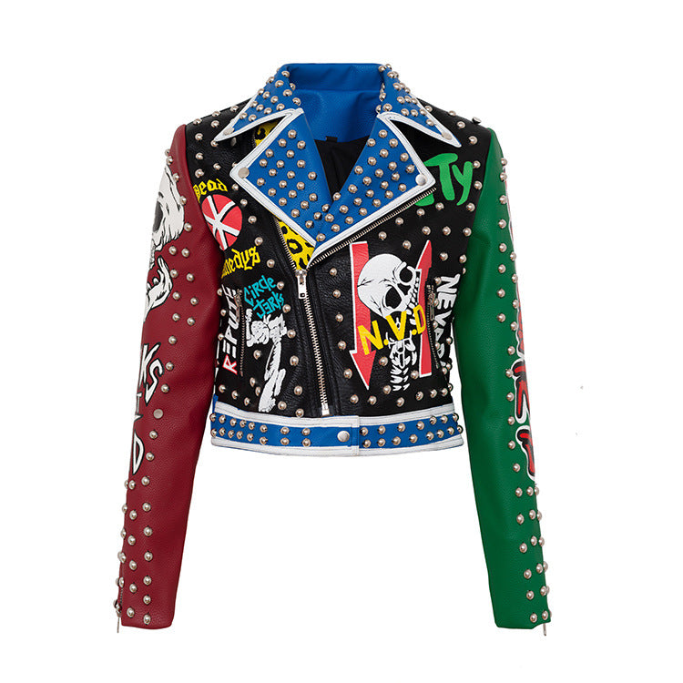 Punk Rock Jacket Blue and Red Color Matching Leather Coat