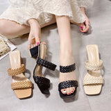 Nude Strappy Block Heels Roman Style Slippers Women's Bohemian Ethnic Style Large Size Thick Heel Women's Shoes