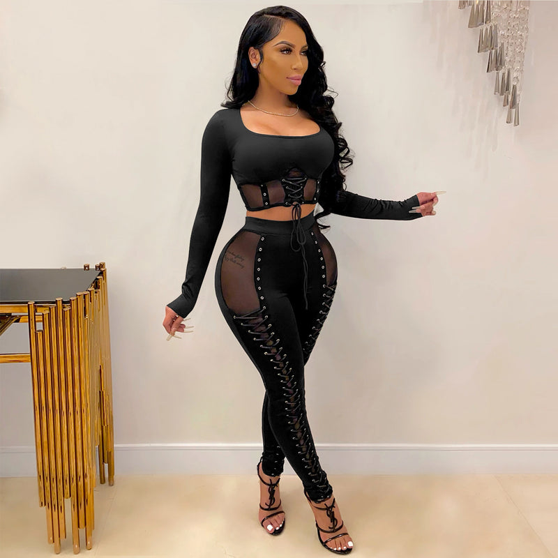 See through Pants Suit Women's Autumn and Winter Sexy Lace-up Mesh See-through Two-Piece Suit