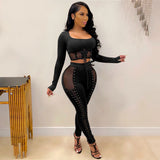 See through Pants Suit Women's Autumn and Winter Sexy Lace-up Mesh See-through Two-Piece Suit