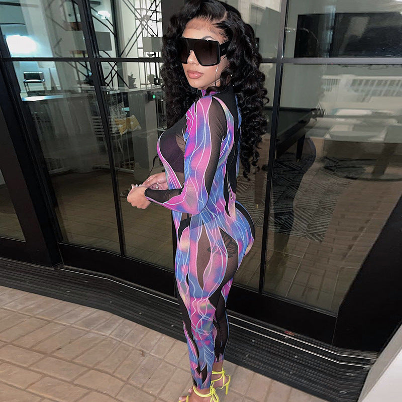 Printed round Neck Long Sleeve Hollow out See-through Tight Trousers Mesh Jumpsuit