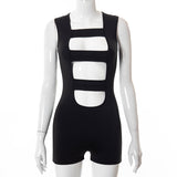 Summer Solid Color Sleeveless Stitching Hollow-out Tight Shorts Jumpsuit Women