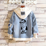 Comic Denim Jacket Bad Bunny Cartoon Printed Denim Spring and Autumn Men's Loose Jacket