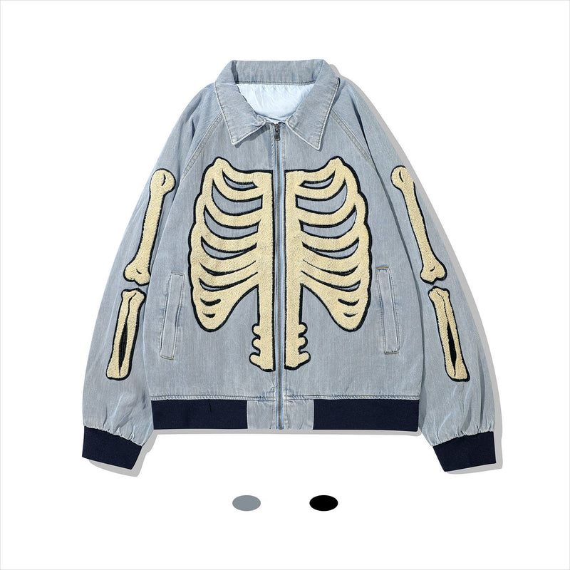Varsity Jacket Vintage Street Retro Jacket Men's Skull Picture Patch Thickening Denim Jacket