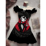 Skull Dress Digital Printing Drawstring Short Sleeve Dress Autumn