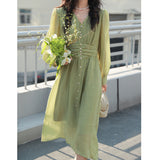 Aesthetic Dress Spring French Retro Dress Women's Green Long Dress V-neck