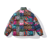 Mens Fall Outfits Cotton-Padded Coat Winter Leopard Print Color Matching Couple Bread Coat Cotton-Padded Casual Coat