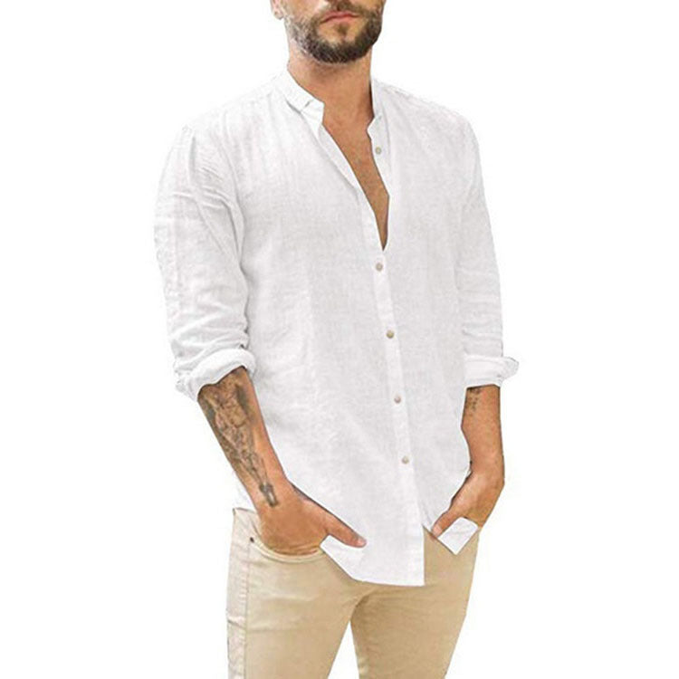 Sweat Wicking Shirt Men's Linen Cardigan Solid Color Casual Stand Collar Long Sleeve Shirt