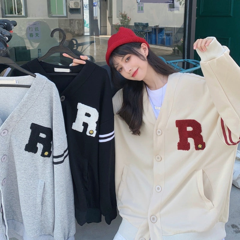 White Varsity Jacket Autumn College Style Letter Embroidered Cardigan Sweater Thin Men and Women Casual Jacket