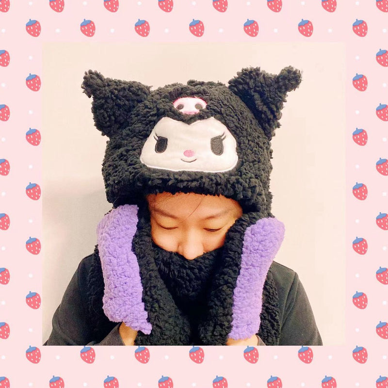 My Melody Hat Cartoon Duffy Bear One-Piece Scarf Hat Gloves Fashion Thickened Student Winter Integrated Kulomi
