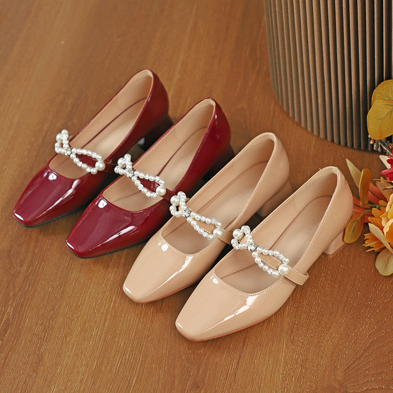 Nude Block Heels Closed Toe Pearl Chunky Heel Pumps Female Autumn Women's Fashion Shoes