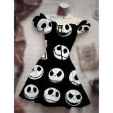 Skull Dress Digital Printing Drawstring Short Sleeve Dress Autumn