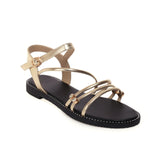 Flat Dress Sandals Summer Square Heel Solid Color Buckle Hollow Thin Strap Sandals