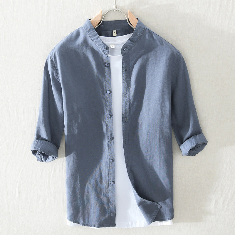 White Work Shirts Summer Stand Collar Solid Color White Youth Cotton and Linen Casual Loose Shirt