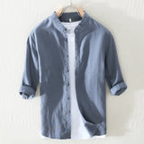 White Work Shirts Summer Stand Collar Solid Color White Youth Cotton and Linen Casual Loose Shirt