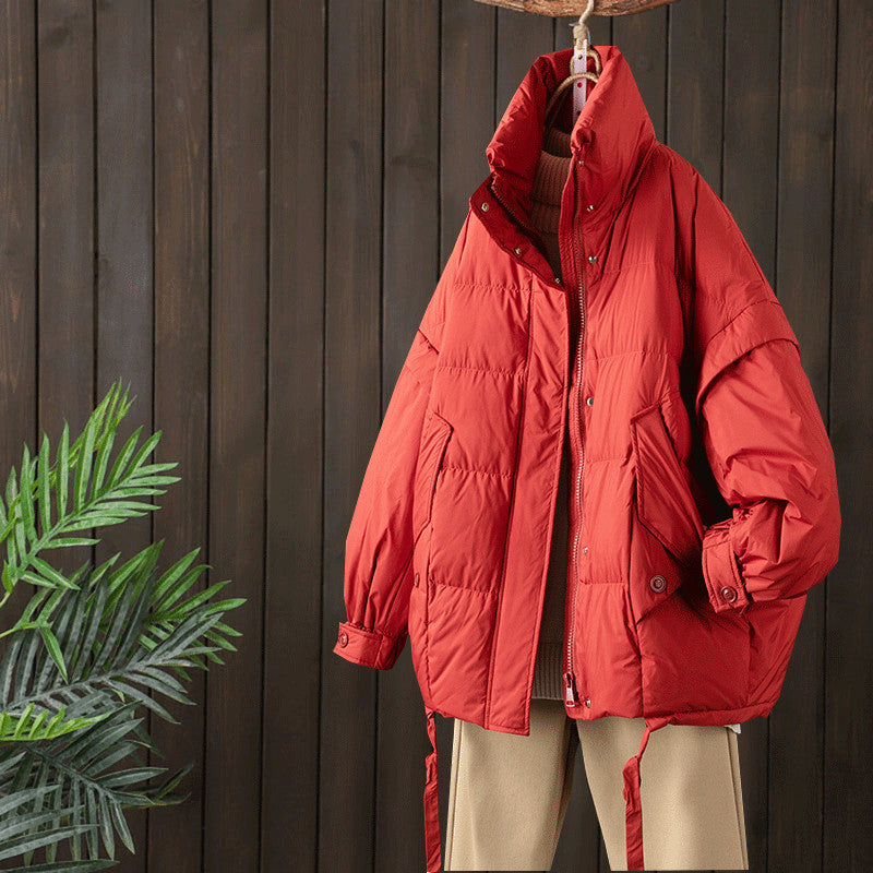 Women Winter Coats Puffer Jacket Down Coat Winter Loose Down Jacket Women Stand Collar Drawstring At Hem Down Jacket