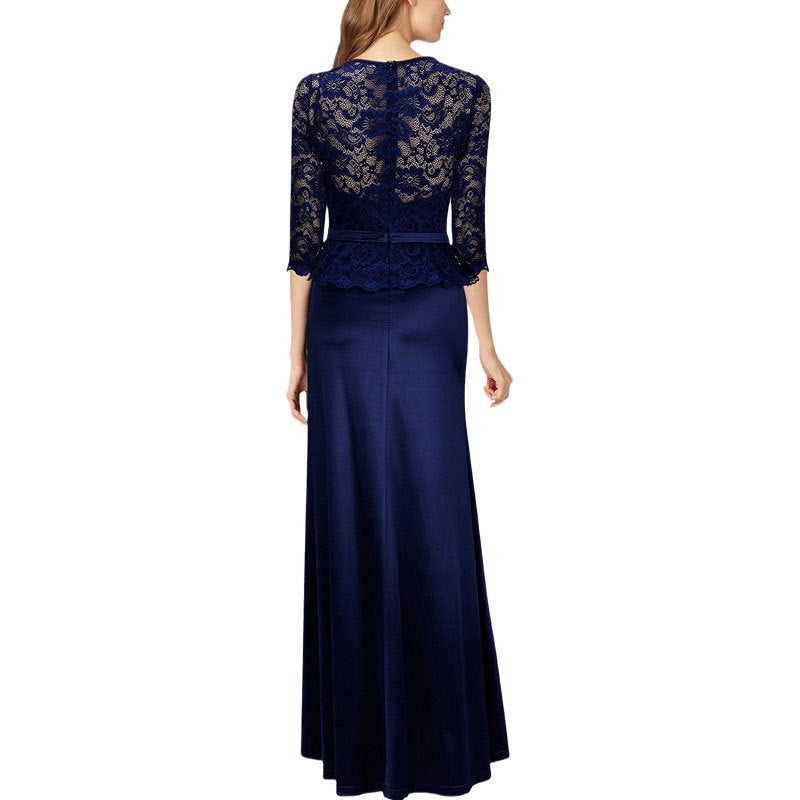 Cocktail Attire for Women Autumn and Winter Lace Dress round Neck Waist Trimming Hollow out Elegant Dress