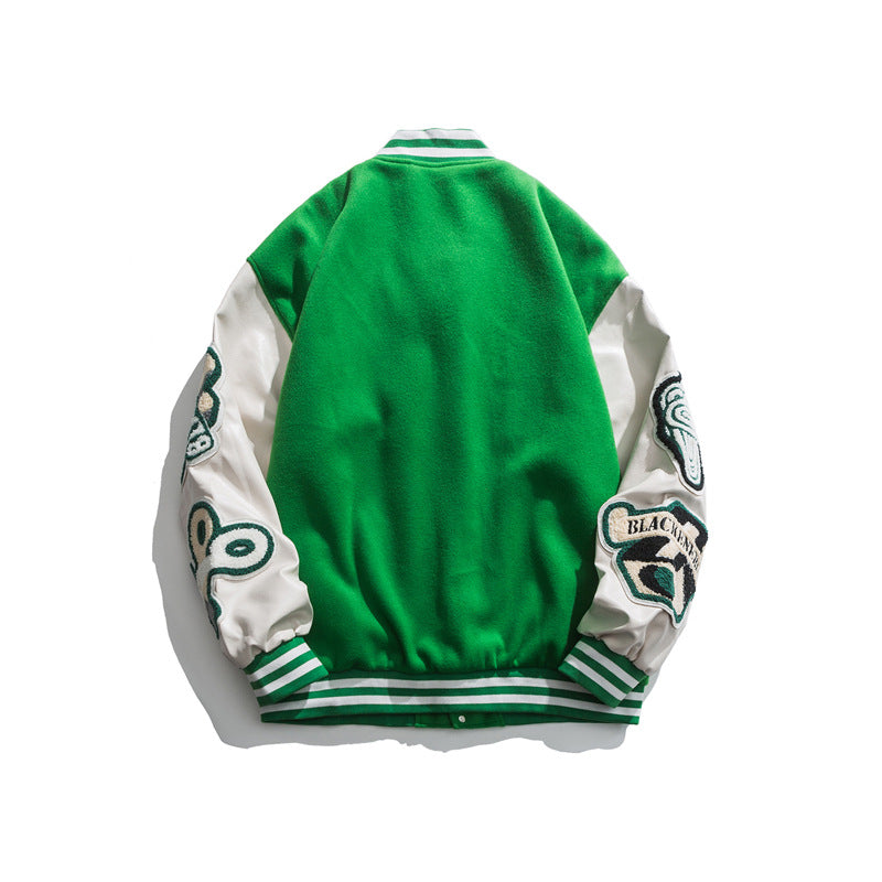 Green Varsity Jacket Autumn Casual Jacket Cityboy Color Matching Long Sleeve Letter Towel Embroidery Top for Men