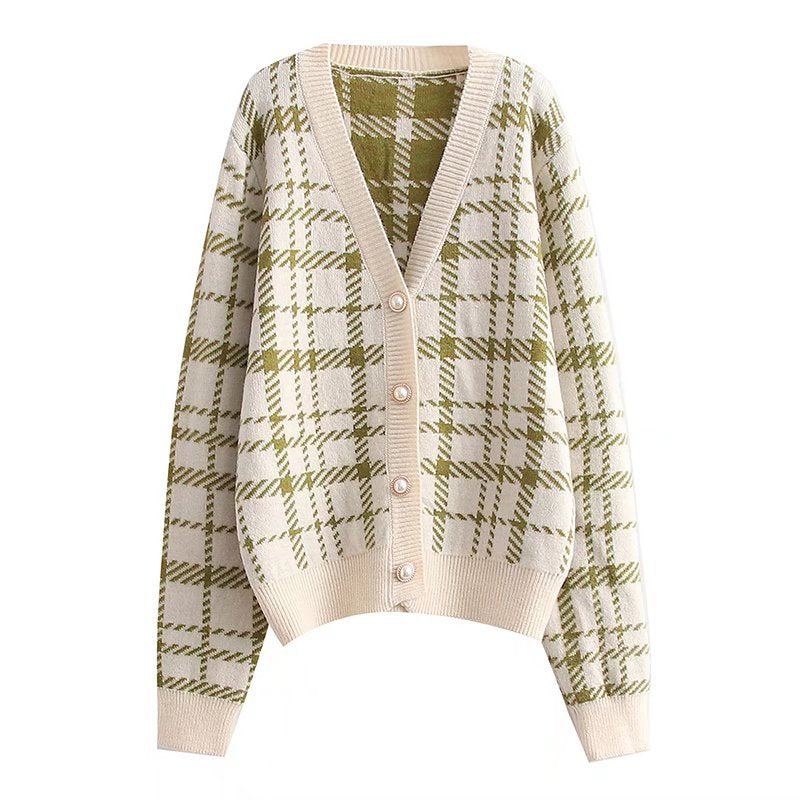 Women Fall Fall Plaid Cardigan Sweater Coat V-neck Single Breasted Top