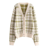 Women Fall Fall Plaid Cardigan Sweater Coat V-neck Single Breasted Top