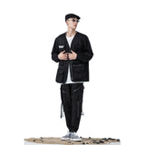 Black Varsity Jacket Autumn and Winter Cargo Pants Long Sleeve Hip Hop Multi-Pocket Dark Mechanical Style Jacket Coat