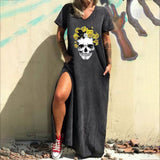 Skull Dress Amoi Printed Street V-neck Fashion Short Sleeve Loose Dress