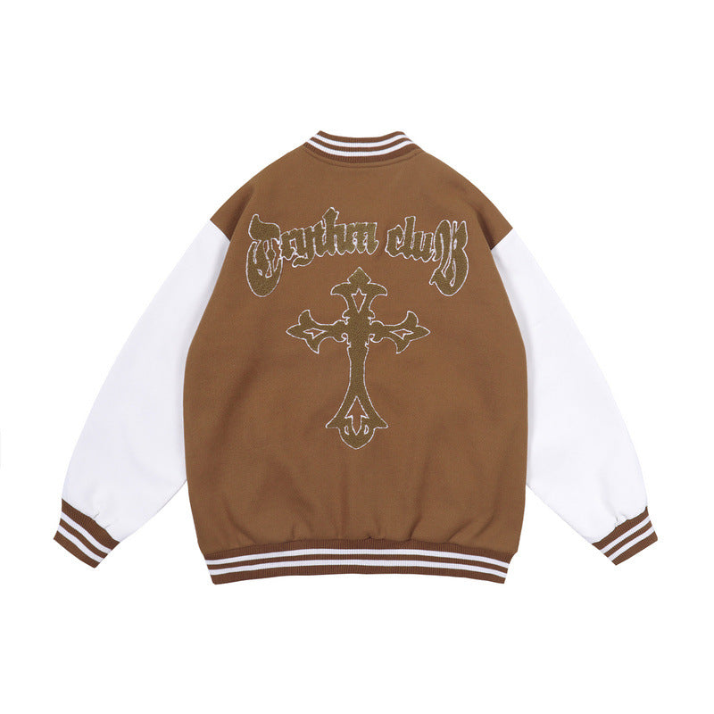 Brown Varsity Jacket Baseball Uniform Men's and Women's Autumn Retro Color Contrast Patchwork Jacket Jacket
