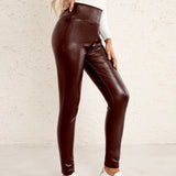 Brown Leather Pants High Waist High Elastic Slim PU Trousers Motorcycle Tight Leather Pants