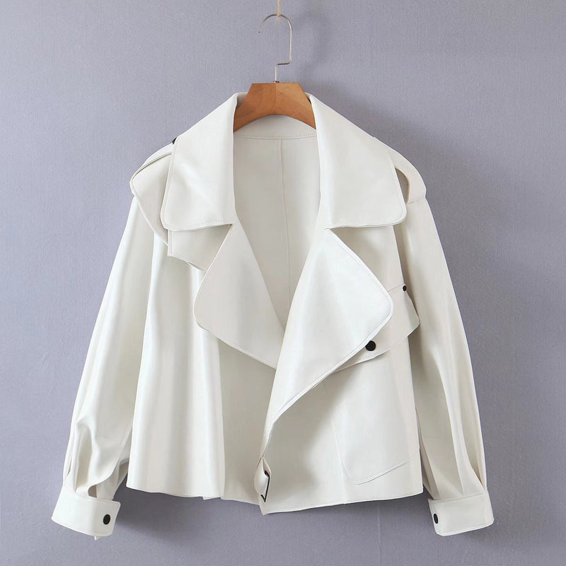 Women Fall Fall Three-Color Handsome Leather Coat Big Lapel Long Sleeve Top