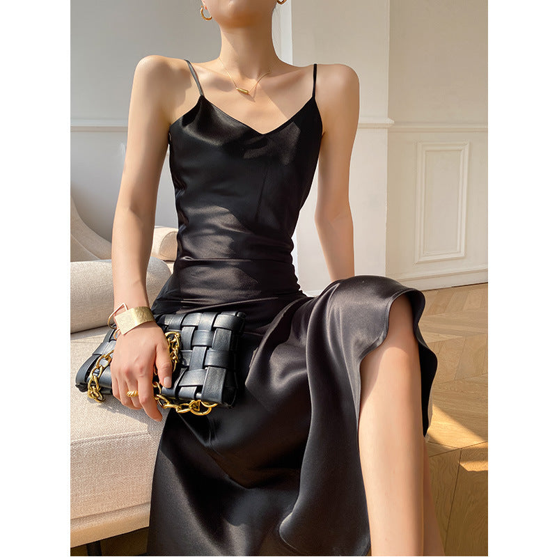 Burnt Orange Dress Summer Satin Camisole Dress Women's V-neck Slim Fit