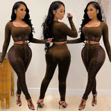 See through Pants Suit Women's Autumn and Winter Sexy Lace-up Mesh See-through Two-Piece Suit