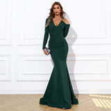 Burgundy Dresses for Wedding V-neck French Style Long Slimming Long Sleeve Retro Adult Evening Dress