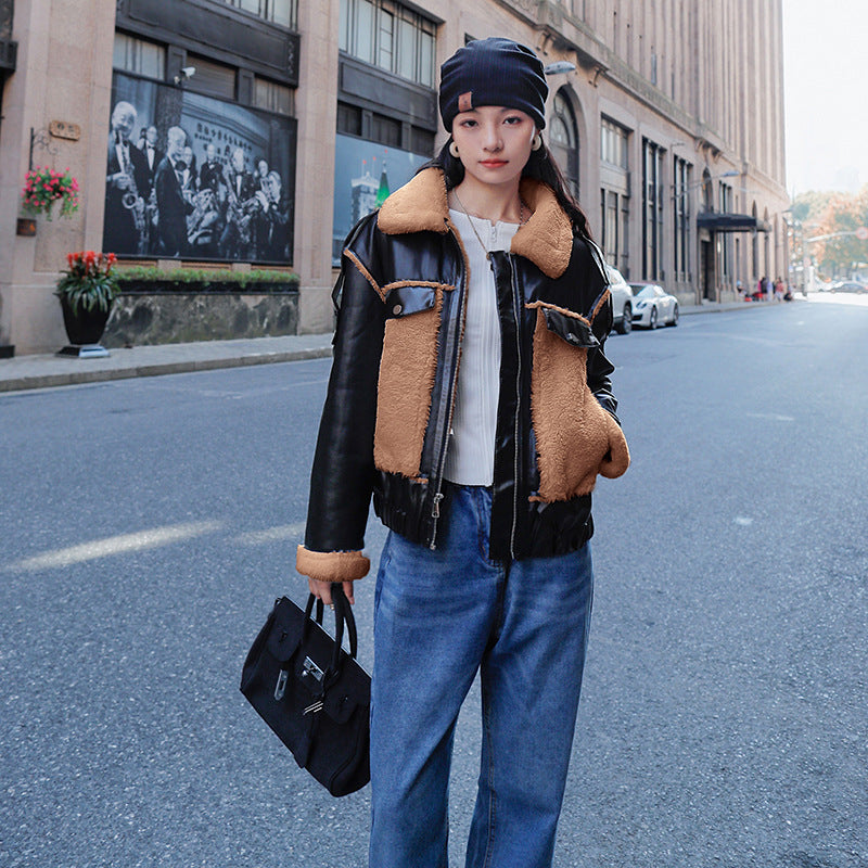 Cute Leather Jacket Motorcycle Jacket Women's Autumn Winter Berber Fleece Short Loose Pu Washed Leather Coat