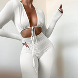 Summer Pure Color Tight Sexy Lace-up Tight Trousers Jumpsuit