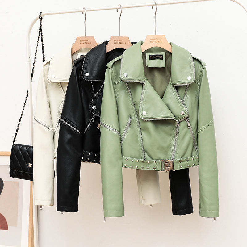 Women PU Leather Jacket Biker Motorcycle Coat Spring and Autumn Loose Motorcycle Lapel Rivet Pu Pique