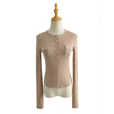 Women Fall Fall Fall Four Colors Gold Buckle Pocket Long Sleeve T-shirt Slim Fit Top